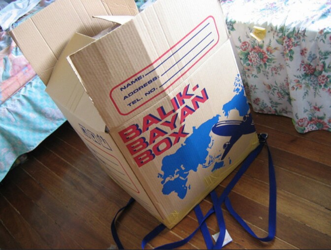The "balikbayan box" refers to boxes of gifts sent home to the Philippines by expatriates. "Balikbayan," a term for a Filipino who lives abroad, is one of nearly 40 terms from Filipino English recently added to the Oxford English Dictionary.
