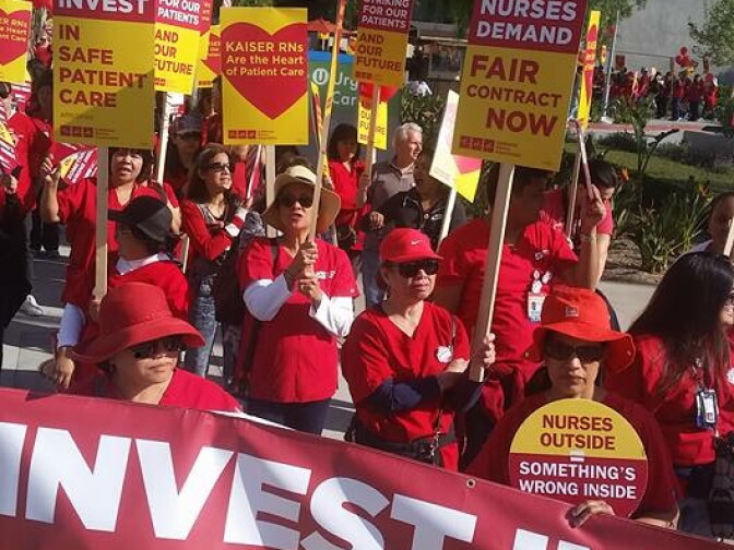 Nurses picket as part of a strike against Kaiser Permanente's Los Angeles Medical Center on Tuesday, March 15, 2016.