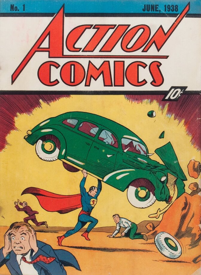 A comic book cover with text reading 'Action Comics' and '10 cents' a male-presenting person wearing a cape is lifting a car, while people in suits run away