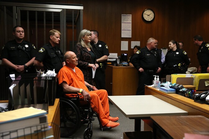 SACRAMENTO, CA - APRIL 27:  Joseph James DeAngelo, the suspected "Golden State Killer", appears in court for his arraignment on April 27, 2018 in Sacramento, California. DeAngelo, a 72-year-old former police officer, is believed to be the East Area Rapist who killed at least 12 people, raped over 45 women and burglarized hundreds of homes throughout California in the 1970s and 1980s.  (Photo by Justin Sullivan/Getty Images)