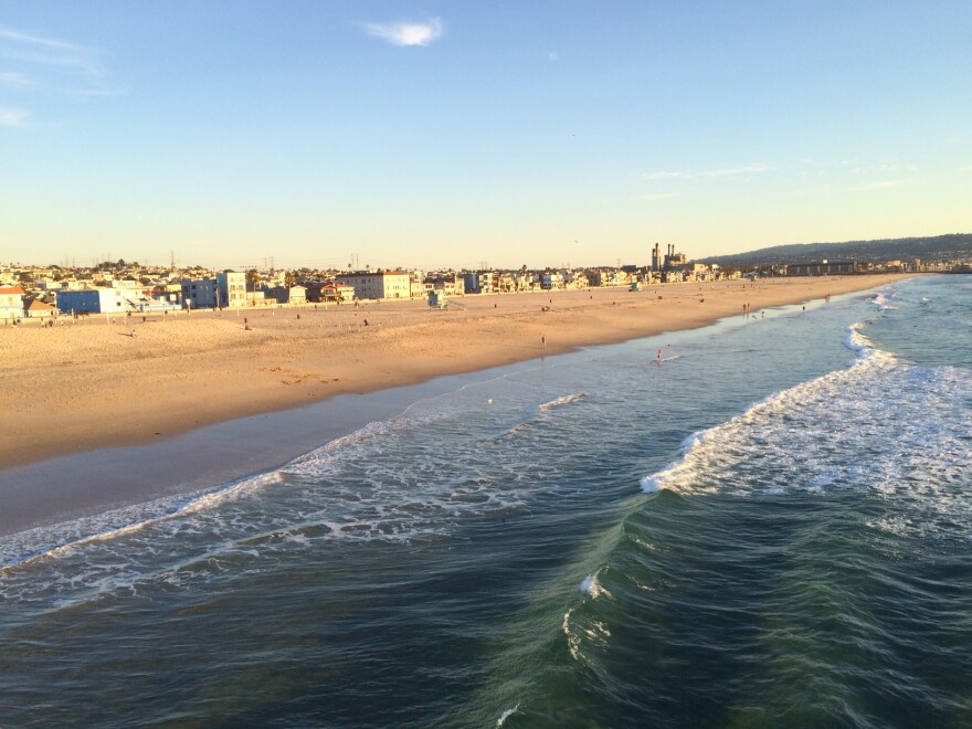 A view of beach front homes along the coast of Hermosa Beach, a community in the South Bay that is preparing for sea level rise.
