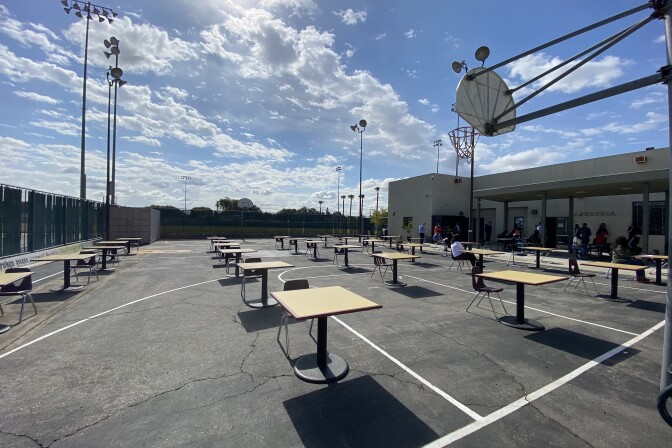 The courtyard of Simon Rodia High School, an L.A. Unified School District continuation school in South Gate, on Tues., April 27, 2021.