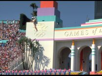 28 JUL 84:  A PERFORMER WEARING A SPACE-AGE JETPACK STUNS THE CROWD AT THE COLISEUM BY FLYING AROUND THE STADIUM DURING TODAY's OPENING CEREMONY. THE CEREMONY WAS HELD ON THE OPENING DAY OF THE 1984 SUMMER OLYMPICS IN LOS ANGELES, CALIFORNIA, UNITED STATES.