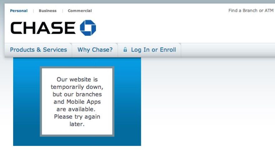 Chase Bank's website was taken down Tuesday, March 12, 2013 by a denial-of-service attack.