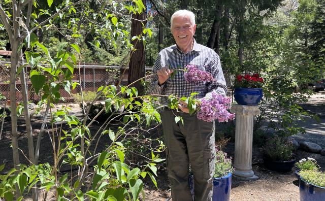 A man stands next to a pink flower in a garden.