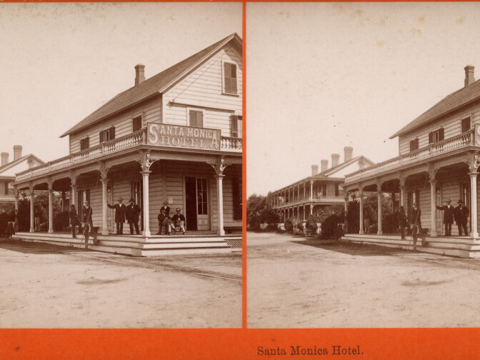 Carleton Watkins (1829–1916), Santa Monica Hotel, ca. 1877. Albumen stereograph, Ernest Marquez Collection. The Huntington Library, Art Collections, and Botanical Gardens.