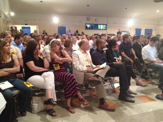 Residents fill a Sherman Oaks middle school cafeteria to attend a public hearing hosted by the Federal Aviation Administration on noisy helicopters. 