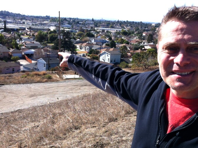 "Where They raced" director Harry Pallenberg in El Sereno, pointing to the former location of the Legion Ascot racetrack.