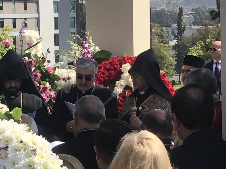 Armenian Church leaders lead prayer vigil at Armenian Genocide Marytrs Memorial Monument in Montebello on April 24, 2019. 