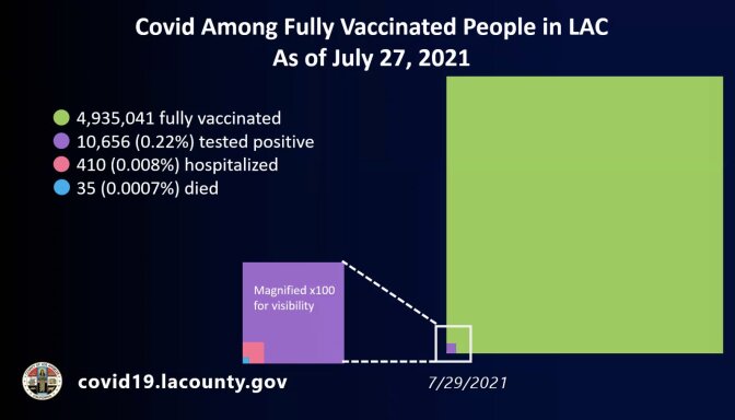 A large green square at the right has a very small purple box in the left corner magnified to show cases among fully vaccinated people in L.A. County. there are 4.934.041 fully vaccinated, 10.656 (0.22% have tested positive), 410 (0.008% have been hospitalized) and 35 (0.0007%) have died.