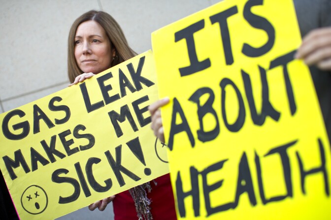 Porter Ranch resident Michelle Theriault takes part in a press conference on a gas leak in Porter Ranch after a regular Los Angeles County Board of Supervisors meeting on Tuesday, Nov. 24, 2015.