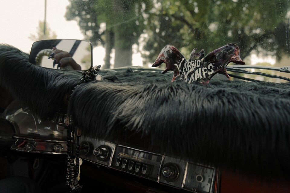 A figurine of a black bat with the words "Varrio Vamps" sits on top of a car's dashboard that is covered in black fur. 