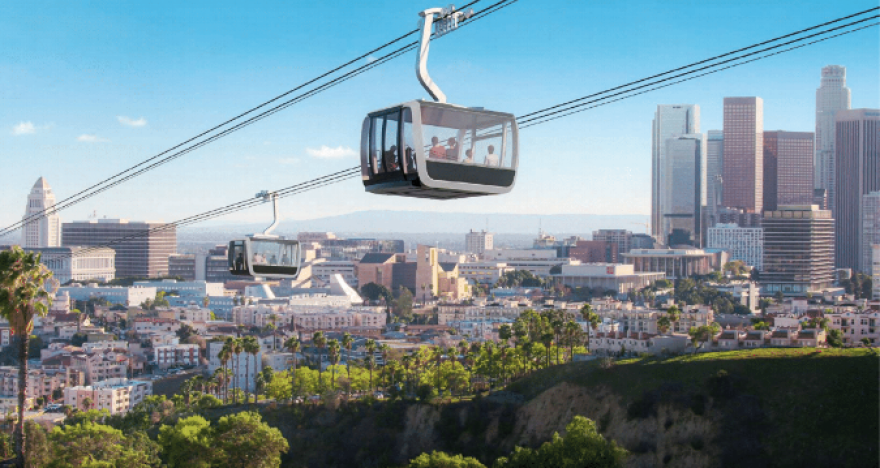 A digital image of an aerial gondola traveling through the Los Angeles skyline.