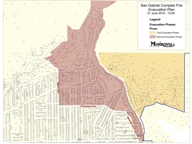 Monrovia Deputy City Manager Lauren Vasquez said should evacuations due to the San Gabriel Complex Fire be required the city has a two-phase plan. The first phase includes all residents living east of Norumbega Drive, where it runs parallel to the Sawpit Wash, and north of Greystone Avenue. The second phase includes all residents living east of Myrtle Avenue and north of Greystone Avenue, and east of Shamrock and north of Foothill.