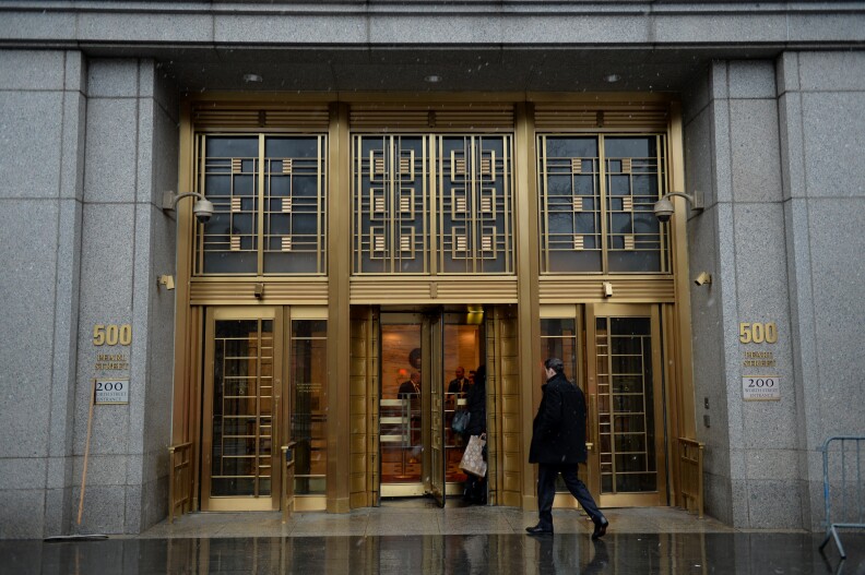 The entrance to Federal Court where the trial of wine dealer Rudy Kurniawan is starting December 10, 2013 in New York. Kurniawan is accused of masterminding a lucrative scheme to sell fake vintage wine in New York and London. 