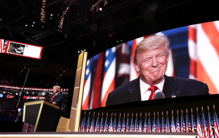 CLEVELAND, OH - JULY 21:  Republican presidential candidate Donald Trump delivers a speech during the evening session on the fourth day of the Republican National Convention on July 21, 2016 at the Quicken Loans Arena in Cleveland, Ohio. Republican presidential candidate Donald Trump received the number of votes needed to secure the party's nomination. An estimated 50,000 people are expected in Cleveland, including hundreds of protesters and members of the media. The four-day Republican National Convention kicked off on July 18.  (Photo by Chip Somodevilla/Getty Images)