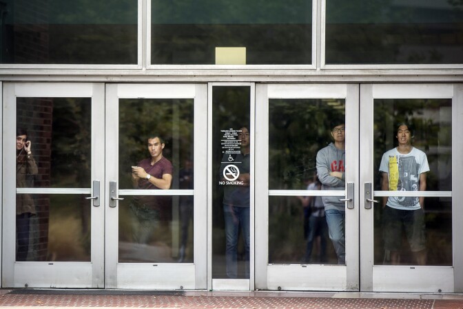 People inside remain sheltered in place on Wednesday, June 1, 2016 following a murder-suicide on the University of California, Los Angeles campus.