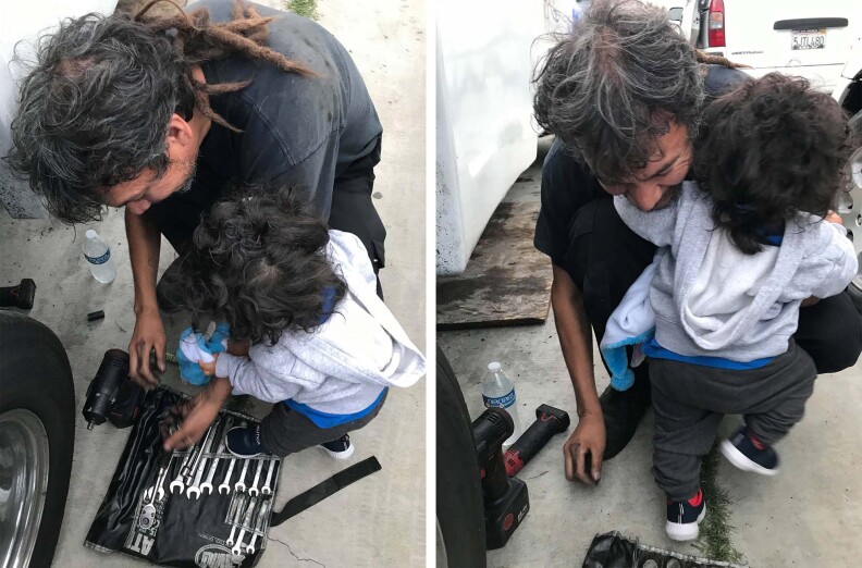 Nikidda's husband and Hunter look at wrenches by a car.