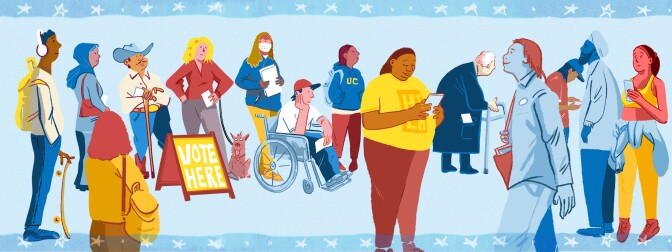 graphic of various people in line to vote and voting, placed on a light blue background, bordered with hand-drawn stars on a medium blue backround