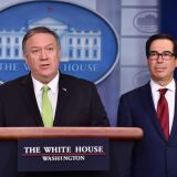 US Secretary of State Mike Pompeo and Treasury Secretary Steven Mnuchin announce new sanctions on Iran, at the White House in Washington, DC, on January 10, 2020. (Photo by Nicholas Kamm / AFP) (Photo by NICHOLAS KAMM/AFP via Getty Images)
