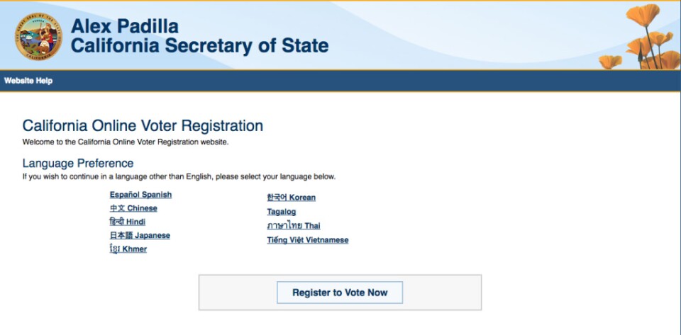 Screenshot from California's voter registry website. The deadline to register in California is Monday, October 24th.