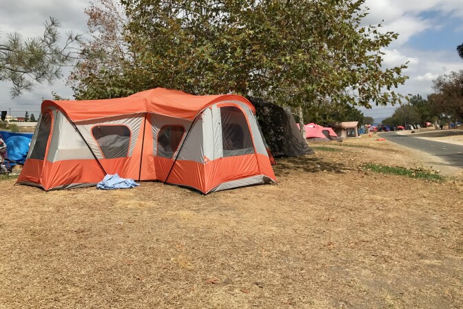 A homeless encampment along the Santa Ana River bike path near Katella Ave. in Orange, Sept. 15, 2017. Today, the Orange County Sheriff's Department began patrolling the homeless encampments along the river, along with officers from local police departments.  