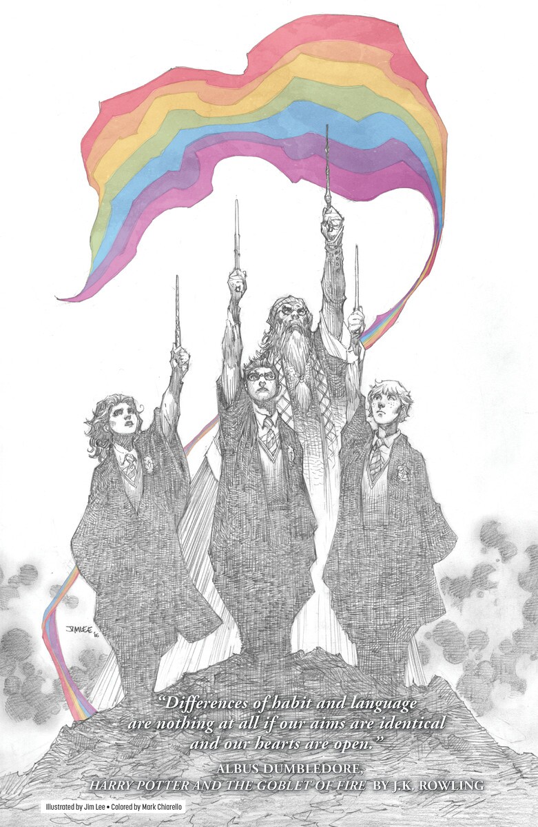 A page from the comic book anthology "Love Is Love" featuring characters from the "Harry Potter" series.