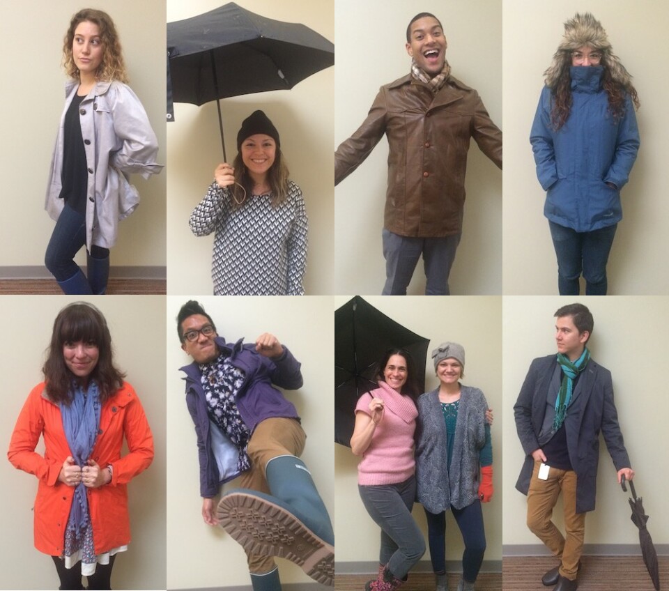 KPCC staffers all show off their El Niño and rainy day fashion gear. Clockwise from top left: Kristen Lepore, Maya Sugarman, Austin Cross, Michelle Lanz, Sanden Totten, Andrea Gardner-Bernstein, Evelyn Larrubia, Leo Duran and Becca Murphy.