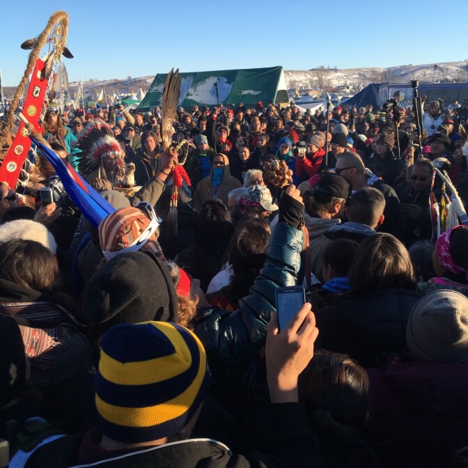 A gathering at the Standing Rock protest site in North Dakota shortly after the Army Corps of Engineers announced that it would not grant permits to continue construction of the controversial pipeline. (December 2016)