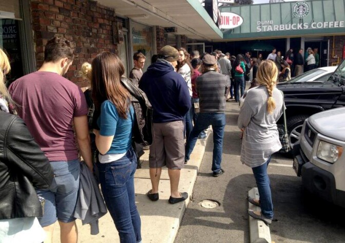 On Sunday, the coffee shop was swamped with curious coffee-seekers. Cups of joe and pastries were still free, as they were Friday and Saturday.