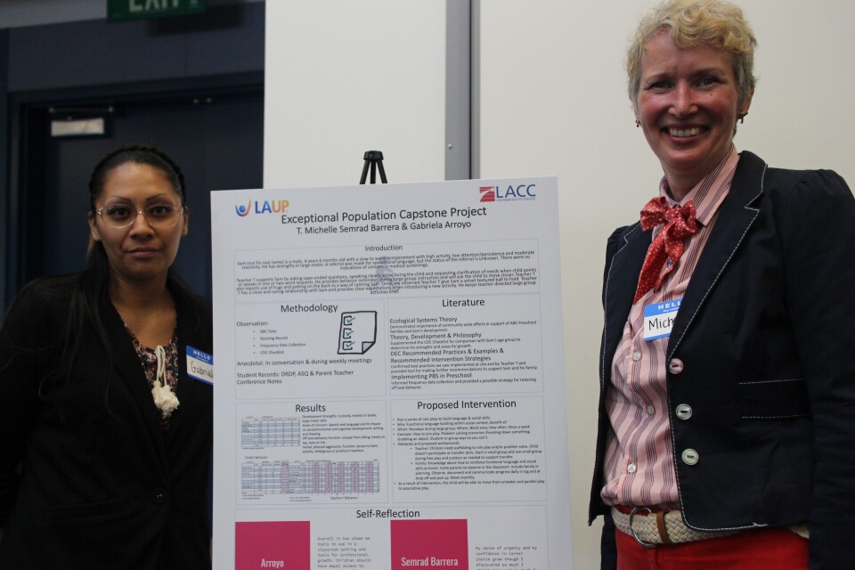 Gabriela Arroyo and Michelle Semrad Barrera pose next to a poster they presented to leaders of LAUP and LA City College before they graduated from the new Exceptional Populations Certificate program.