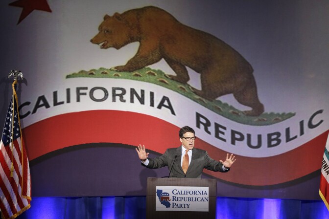 Texas Gov. Rick Perry gives the keynote speech at the California Republican Party convention in Anaheim, Calif., Saturday, Oct. 5, 2013.