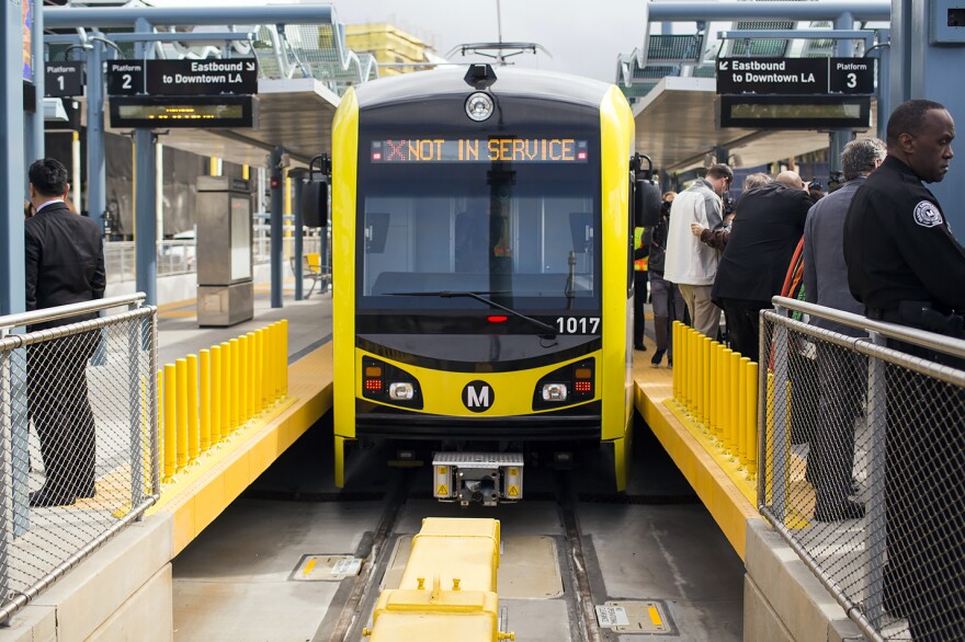 Members of the Metro board of directors take a sneak peek ride from the Culver City to Downtown Santa Monica Stations on the new Expo Line extension on Monday morning, May 9, 2016. The line opens to the public on May 20.