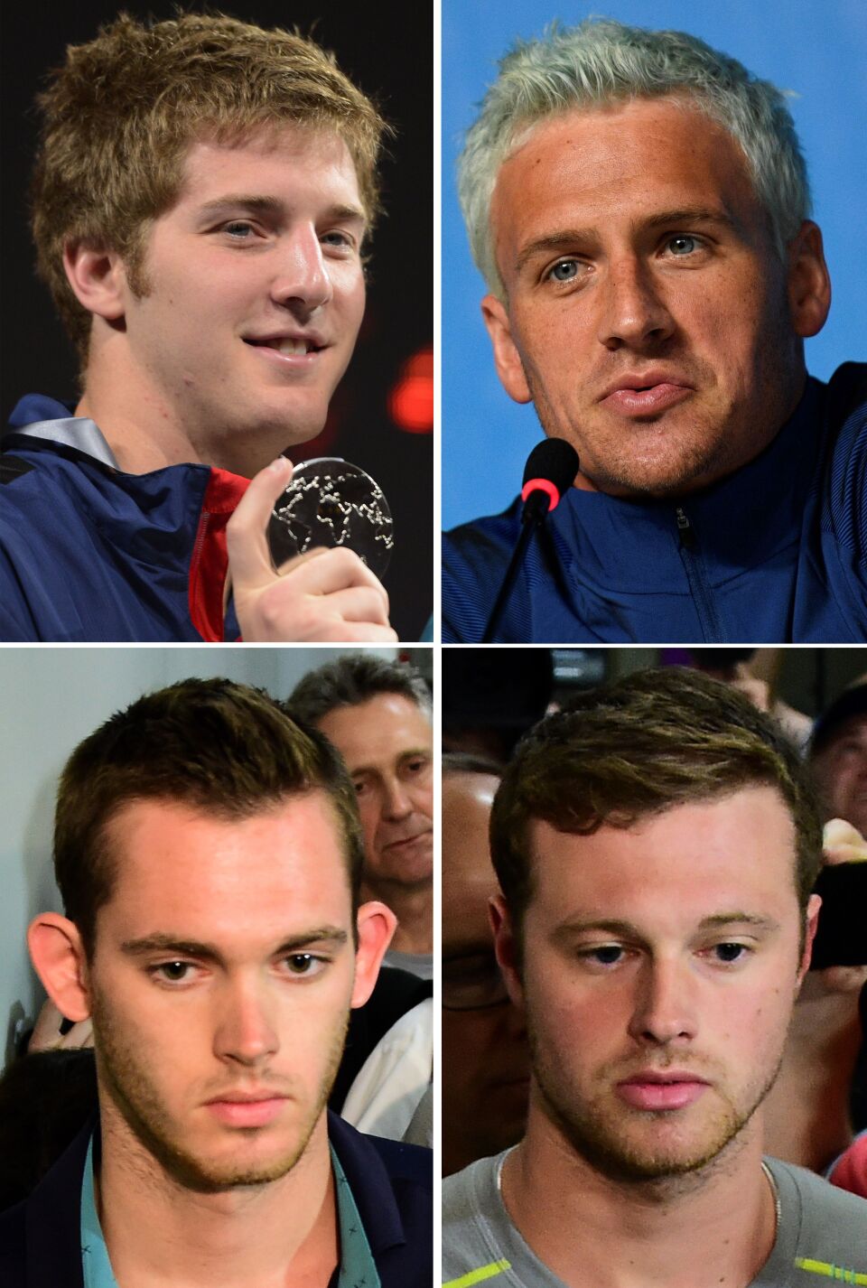 Combination picture made on August 18, 2016 shows USA's swimmer James Feigen (top L), Ryan Lochte (top R) Gunnar Bentz (bottom L) and Jack Conger. 
Amid the turmoil engulfing Ryan Lochte and three other US swimmers over their mugging story, Rio organisers on August 18, 2016 gave them words of sympathy. "Let's give these kids a break," said Rio 2016 chief spokesman Mario Andrada, who had earlier given a full apology for the supposed ordeal they had gone through in a gunpoint robbery. The story has unravelled in a police investigation with reports of Lochte, Jack Conger, Gunnar Bentz and James Feigen in a fight at a Rio gas station.
 / AFP / STAFF        (Photo credit should read STAFF/AFP/Getty Images)