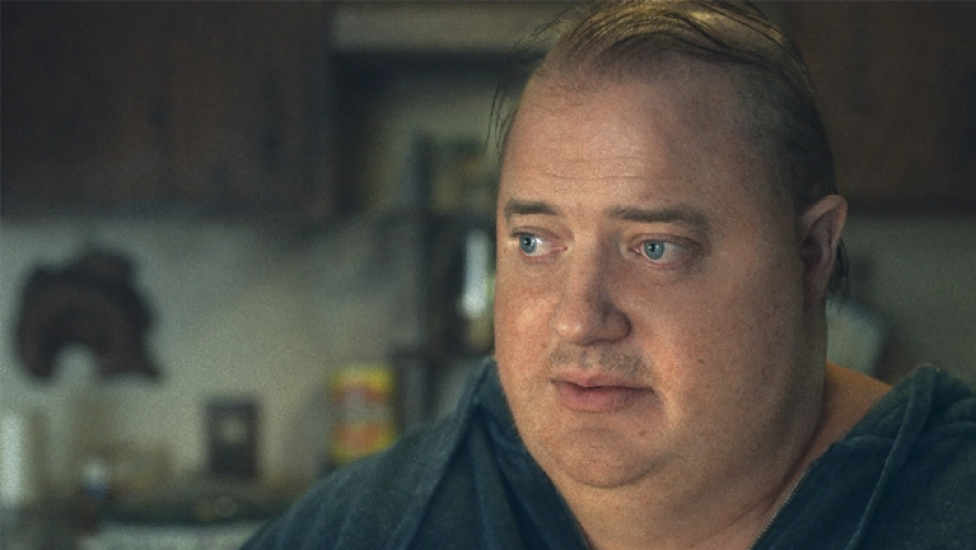 Brendan Fraser sits right of frame, only his shoulders up are visible. Fraser wears a gray shirt, his hair thin and stringy on top of his head. He looks off to the left. His expression is sad, his eyes slightly hooded under faintly furrowed brows. His lips are slightly parted. Behind him seems to be a kitchen with brown cabinets and clutter on the countertops. 