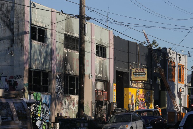 The face of a building that was the scene of a overnight fire that claimed the lives of at least nine people at a warehouse in the Fruitvale neighborhood on December 3, 2016 in Oakland, California. The warehouse was hosting an electronic music party.