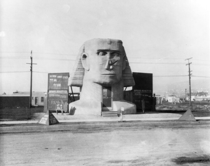 This photo of the Sphinx Realty Company, located at 537 N. Fairfax Ave. across from where Fairfax High School now stands, supposedly dates to 1920, so it's too early for it to have been inspired by the Egyptology craze that swept the U.S. after Tutankhamun's tomb was discovered in 1922. Notice the signs listing nearby properties for sale. Back then you could buy a six-bedroom, corner stucco house for $7,200. (Photo via Los Angeles Public Library Collection)