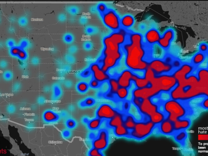 The locations of homophobic tweets, according to a Humboldt State University research project.