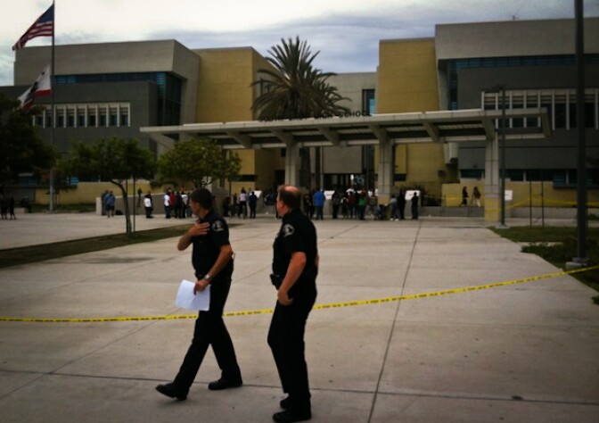 LA Unified School district police outside Southeast High School in South Gate after a stabbing that ended in the death of a female student on Sept. 30, 2011.