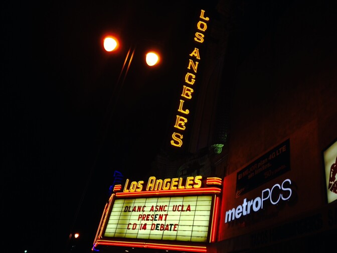 The grand old movie house on Broadway, the Los Angeles Theatre, was the venue for a debate among three candidates for the 14th District City Council seat, which includes part of Downtown L.A.