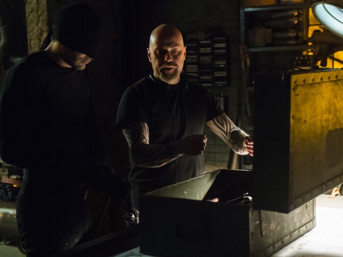 Charlie Cox as Matt Murdock with Director and Executive Producer Steven DeKnight on the set of the Netflix Original Series “Marvel’s Daredevil."