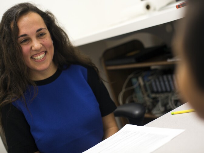 Undergraduate student researcher Cara Fesjian takes 9-year-old Aaron Soriano though a singing test at USC's Brain and Creativity Institute on Wednesday, March 11, 2015. Fesjian is studying music composition and cognitive science at USC.