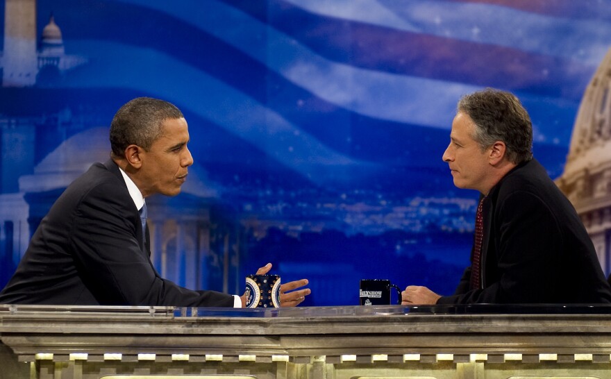 US President Barack Obama (L) tapes an interview for the satirical television show "Daily Show" with Jon Stewart (R) at the Harman Center for the Arts in Washington, DC, October 26, 2010. Obama is the first sitting president to appear on the program hosted by Stewart, whose nightly skewerings of political hypocrisy and US media shortcomings have endeared him to young Democrats.        AFP PHOTO/Jim WATSON (Photo credit should read JIM WATSON/AFP/Getty Images)