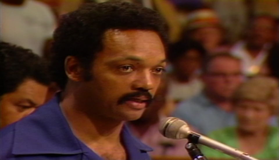 The Reverend Jesse Jackson speaks before the L.A. City Council on September 15, 1982, in favor of renaming Santa Barbara Av to Martin Luther King Jr Blvd.