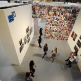 A work (upper left hand corner) by French street artist Space Invader is on display at the 'Art In The Streets' exhibtion inside the Museum of Contemporary Art (MOCA) in Los Angeles on April 21, 2011.