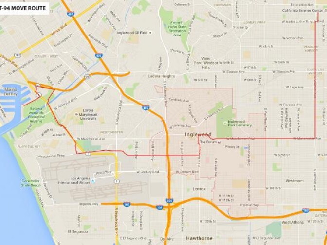 The shuttle will take 13-18 to make its way from Marina del Rey to the California Science Center. 
