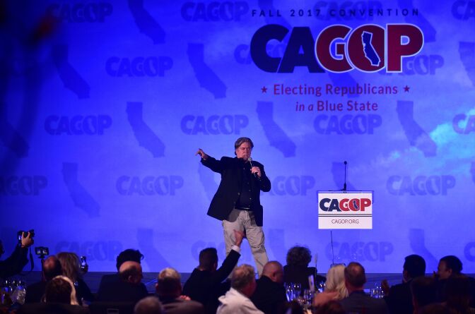 Steve Bannon addresses the California GOP 2017 Convention in Anaheim, California on October 20, 2017.
Bannon, the architect of US President Donald Trump's nationalist-populist political stances and his election victory, is keynote speaker at the event.  / AFP PHOTO / FREDERIC J. BROWN        (Photo credit should read FREDERIC J. BROWN/AFP/Getty Images)