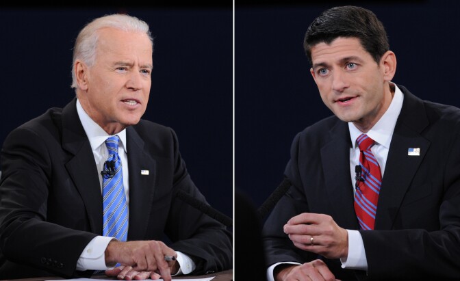 A combination picture of the vice presidential debate between US Vice President Joe Biden (L) and Republican vice presidential candidate Paul Ryan at the Norton Center at Centre College in Danville, Kentucky, October 11, 2012, moderated by Martha Raddatz of ABC News.