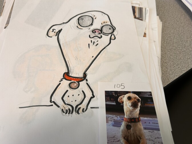 A hand drawn portrait of a chihuahua with a huge head and round eyes. The real picture of the tan dog is stapled to the bottom right hand side of the paper. 