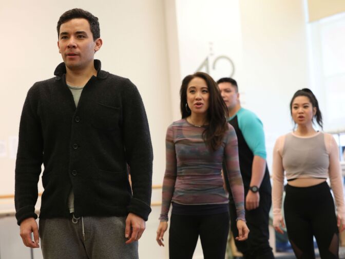 Cast members (left to right) Conrad Ricamora, Jaygee Macapugay, Jon Hoche and Geena Quintos rehearse for the world premiere of David Henry Hwang and Jeanine Tesori’s "Soft Power" at Center Theatre Group/Ahmanson Theatre.